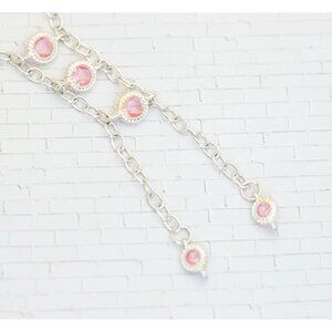 26 inch, Vintage Pink Rhinestones Silver Tone Multi Chains Tassel Necklace - V23